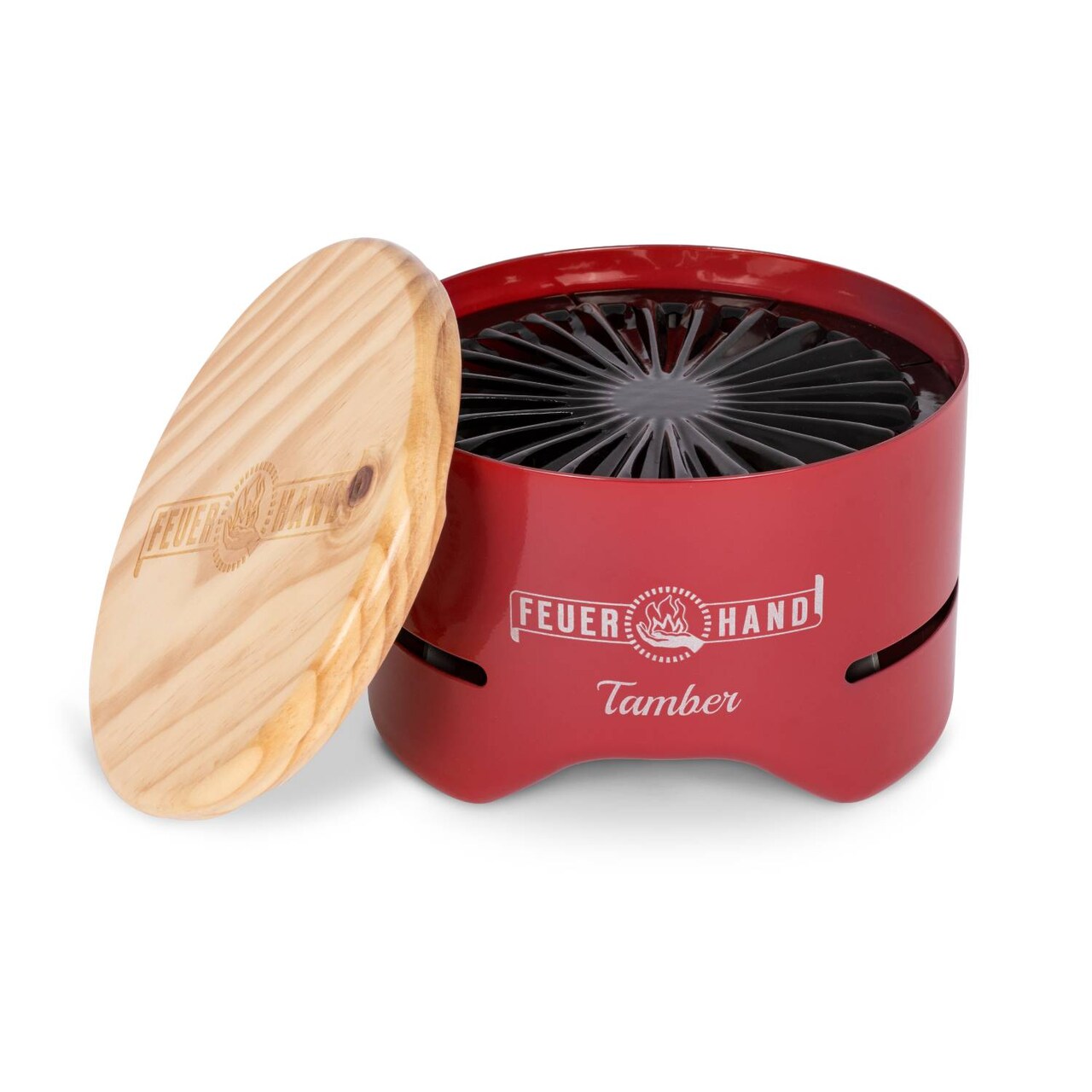 Petromax Feuerhand Tabletop Charcoal Grill, Powder-Coated Steel Tamber for Outdoor Use, Wood Lid, 7.9 inch diameter